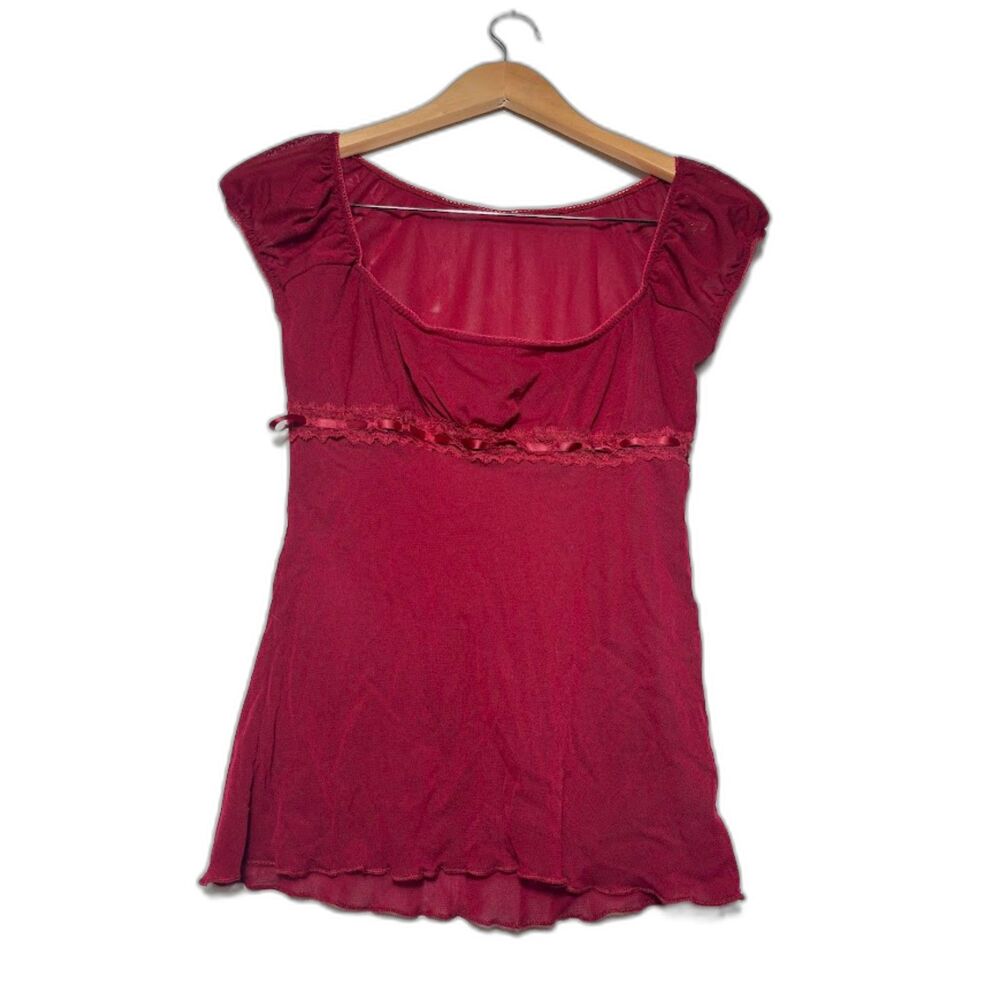 Y2k style Babydoll Top Red Sheer Empire Waist Cap Blouse Medium Vamp Romantic